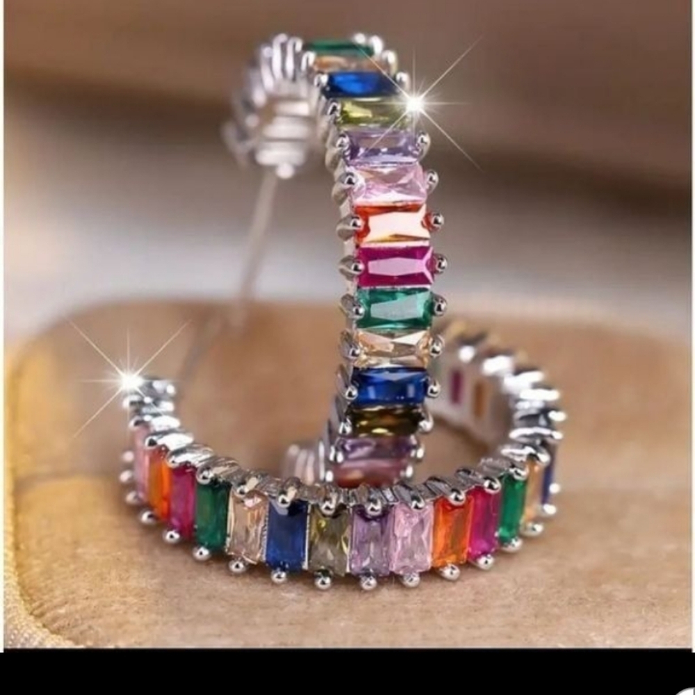 Multicolored Silver Hoop Earrings - Picture 2 of 10